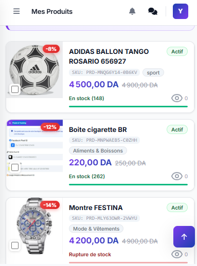 Gestion des produits sur téléphone