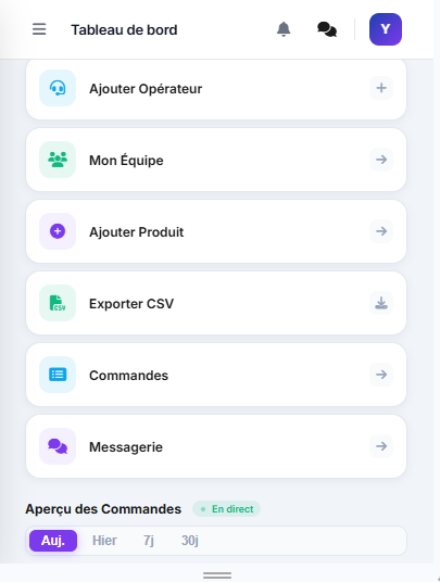 Tableau de bord YouzinElegancia sur téléphone